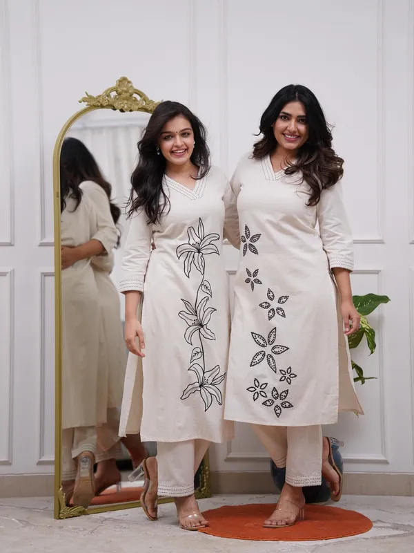 Libas_Women's_Beige_Kurti_Pyjama_Set_with_Black_Floral_Embroidery