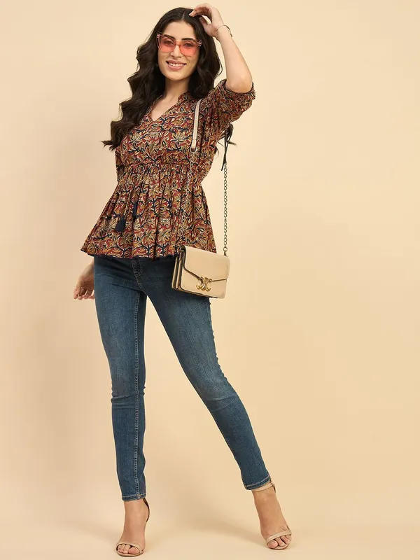 Floral_Print_Mandarin_Collar_Puff_Sleeve_Cotton_Peplum_Top
