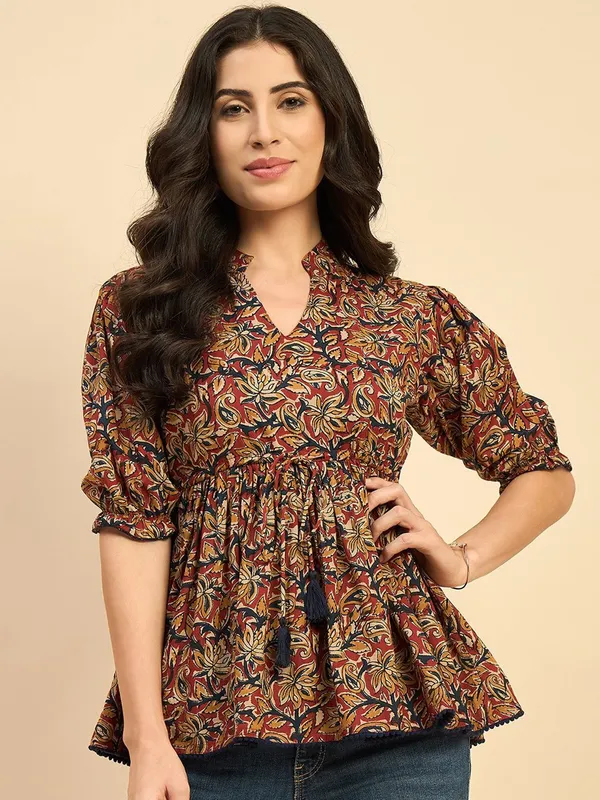 Floral_Print_Mandarin_Collar_Puff_Sleeve_Cotton_Peplum_Top