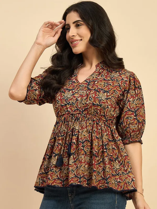 Floral_Print_Mandarin_Collar_Puff_Sleeve_Cotton_Peplum_Top