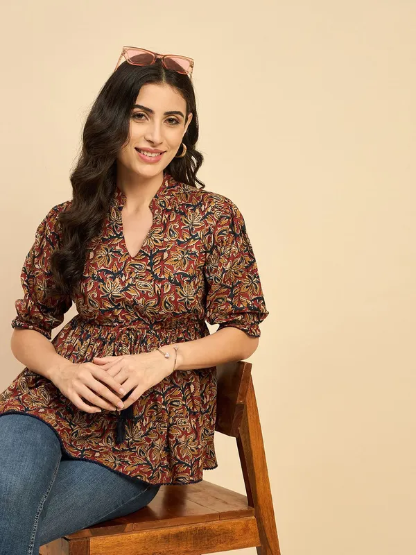 Floral_Print_Mandarin_Collar_Puff_Sleeve_Cotton_Peplum_Top