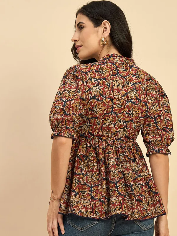 Floral_Print_Mandarin_Collar_Puff_Sleeve_Cotton_Peplum_Top