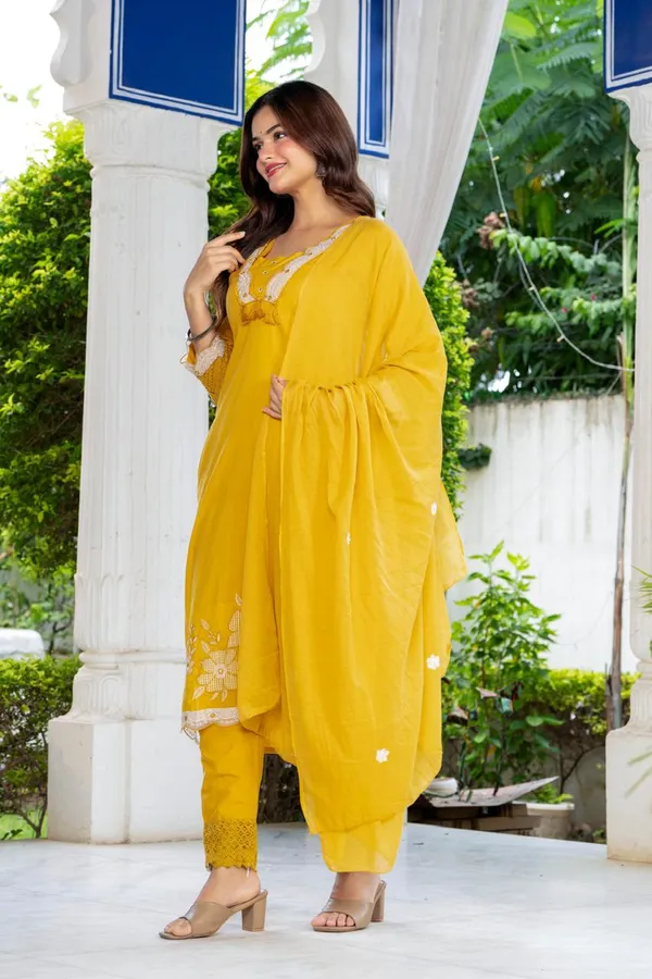 Yellow_embroidery_cotton_kurta_and_pant_set_