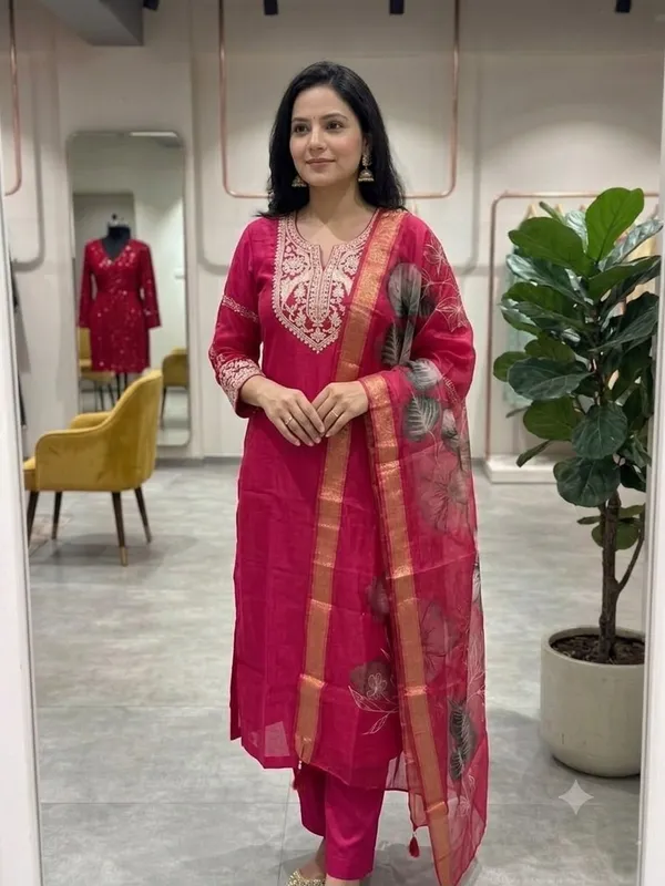Libas_Bright_Pink_Roman_Silk_Embroidered_Kurta_Set_with_Organza_Dupatta
