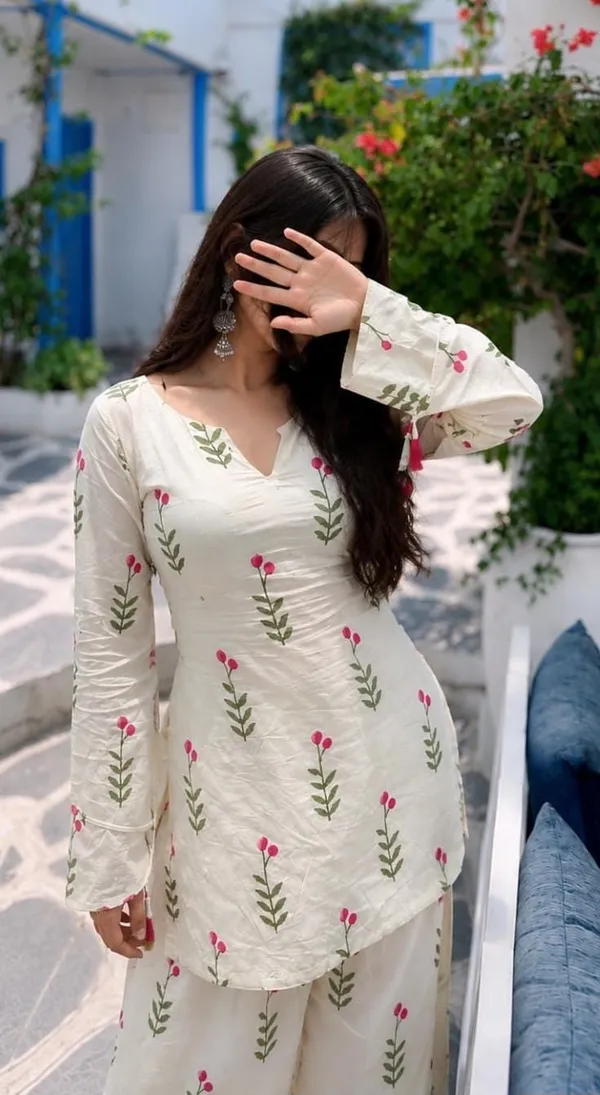 traditional_off-white_floral_block-printed_Farshi_salwar_suit_set_accented_with_a_solid_olive_green_dupatta.