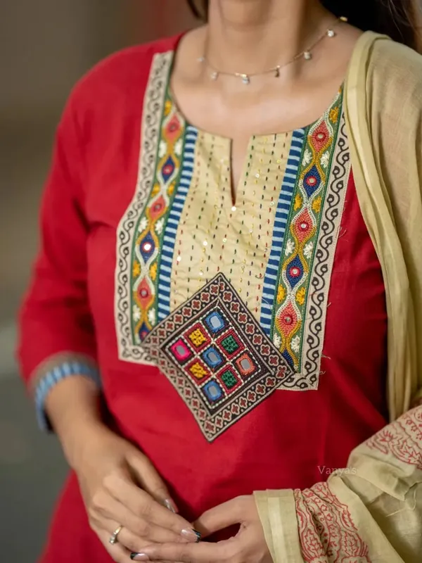 Beautiful_Cotton_Embroidered_Straight_Cut_Kurti_and_Pant_Paired_with_Dupatta