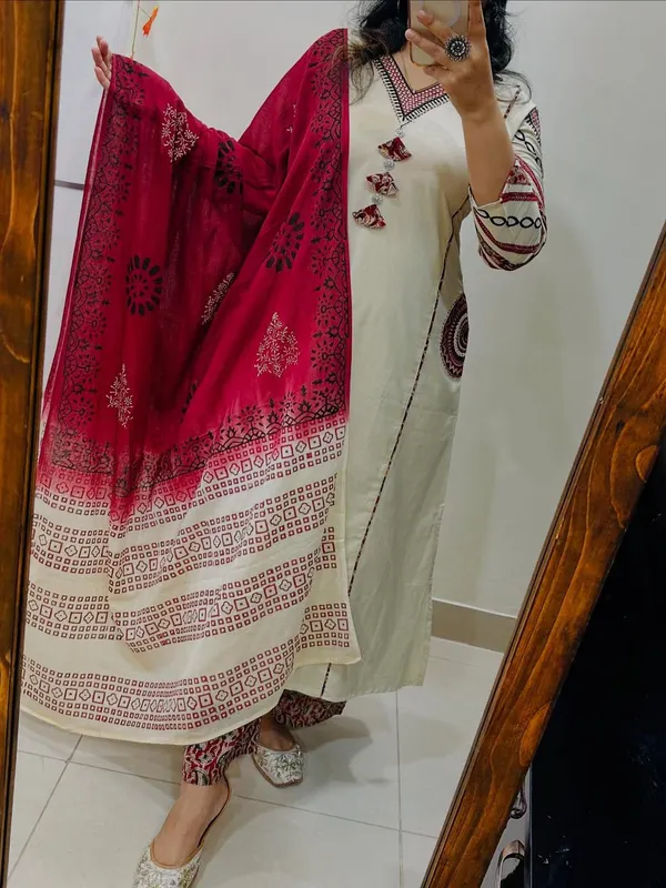 Cottonb_Embroidered_A-Line_Kurti_and_Pant_Paired_with_Printed_Dupatta