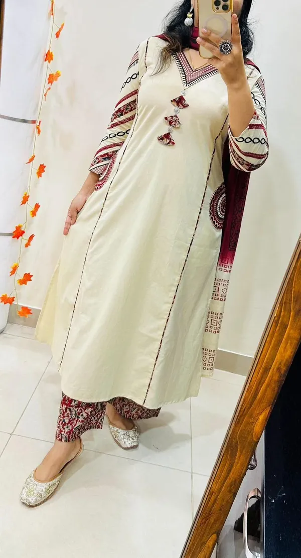 Cottonb_Embroidered_A-Line_Kurti_and_Pant_Paired_with_Printed_Dupatta