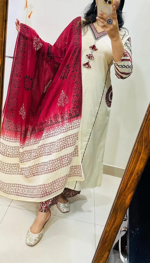 Cottonb_Embroidered_A-Line_Kurti_and_Pant_Paired_with_Printed_Dupatta