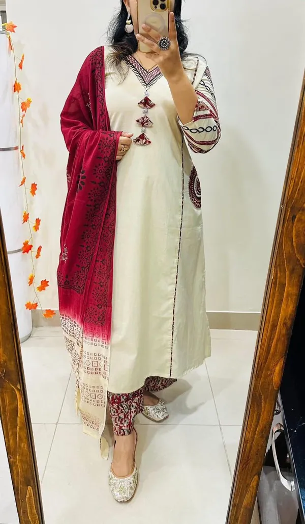 Cottonb_Embroidered_A-Line_Kurti_and_Pant_Paired_with_Printed_Dupatta
