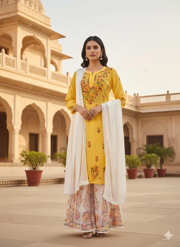 Summer_Special_Lucknowi_Chikankari_Kurti_and_Sharara_Paired_with_Chiffon__Dupatta