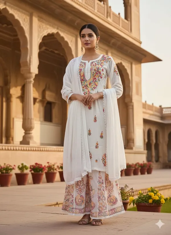 Summer_Special_Lucknowi_Chikankari_Kurti_and_Sharara_Paired_with_Chiffon__Dupatta