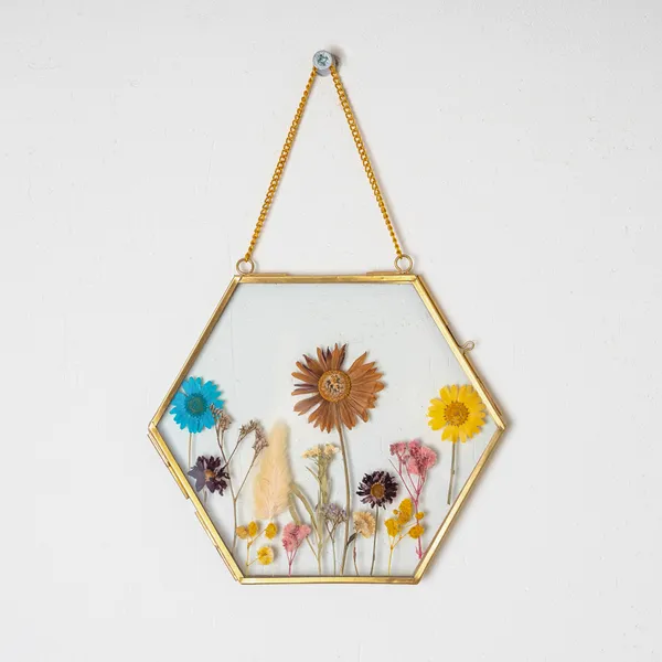 Hexagon_Brass_Pressed_Flower_Frame_|_Artistic_Hanging_Botanical_Wall_Art_|_Gold_|_6_X_6_Inch