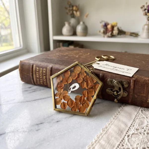 Pressed_Flower_Mini_Keychain_|_Custom_Name_Or_Initial_In_Vintage_Brass_Frame_|_Multicolor_|_3_X_3_Inch