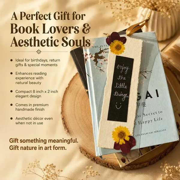Enjoy_All_Things_Quote_Bookmark_|_Black_Pressed_Flower_Bookmark_|_Gold_|_8_X_10_Inch
