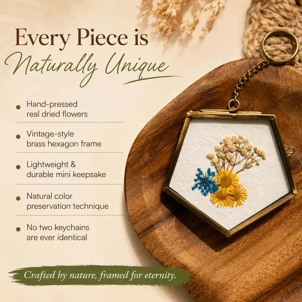 Pressed_Flower_Mini_Keychains_|_Vintage_Brass_Frame_Hexagon_|_Multicolor_|_3_X_3_Inch