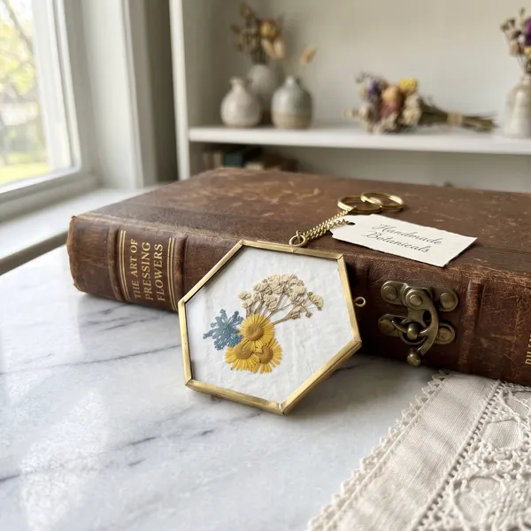 Pressed_Flower_Mini_Keychains_|_Vintage_Brass_Frame_Hexagon_|_Multicolor_|_3_X_3_Inch