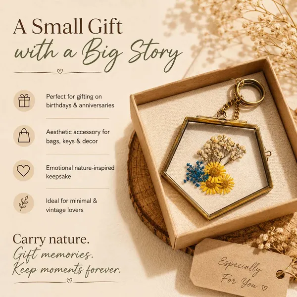 Pressed_Flower_Mini_Keychains_|_Vintage_Brass_Frame_Hexagon_|_Multicolor_|_3_X_3_Inch