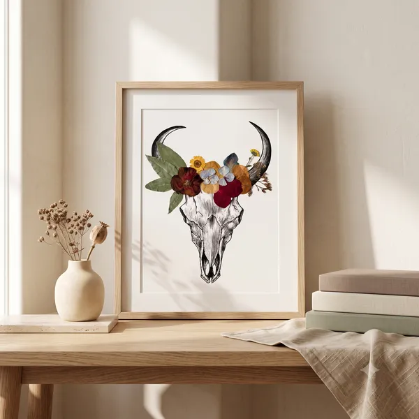 Handmade_Pressed_Flower_Wall_Art_|_Animal_Skull_Silhouette_With_Real_Rose_And_Ferns_In_Pinewood_Glass_Frame_|_Boho_Wall_Decor_And_Housewarming_Gift_|_Multicolor_|_11_X_15_Inch