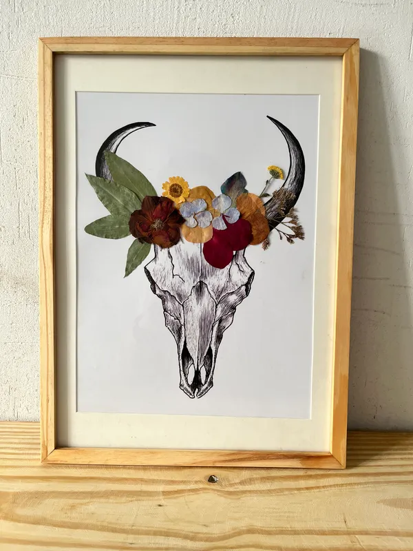 Handmade_Pressed_Flower_Wall_Art_|_Animal_Skull_Silhouette_With_Real_Rose_And_Ferns_In_Pinewood_Glass_Frame_|_Boho_Wall_Decor_And_Housewarming_Gift_|_Multicolor_|_11_X_15_Inch