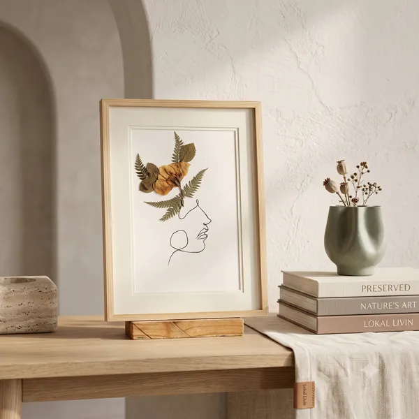 Lokal_Livin_Botanical_Face_Line_Drawing_Frame_With_Dried_Petals_And_Leaves_Minimalist_Wall_Decor_|_Light_Wood_|_Pine_|_11_X_15_Inch