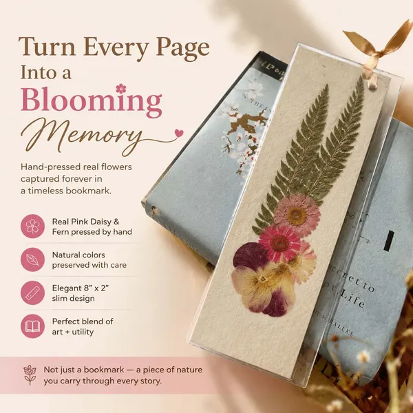 Pink_Daisy_And_Fern_Bookmark_|_Nature_Inspired_Handmade_Bookmark_|_Gold_|_8_X_10_Inch