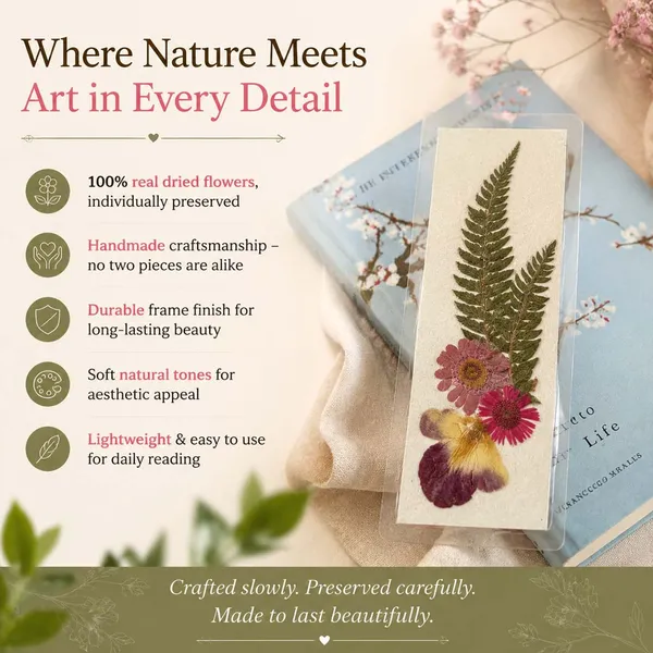 Pink_Daisy_And_Fern_Bookmark_|_Nature_Inspired_Handmade_Bookmark_|_Gold_|_8_X_10_Inch