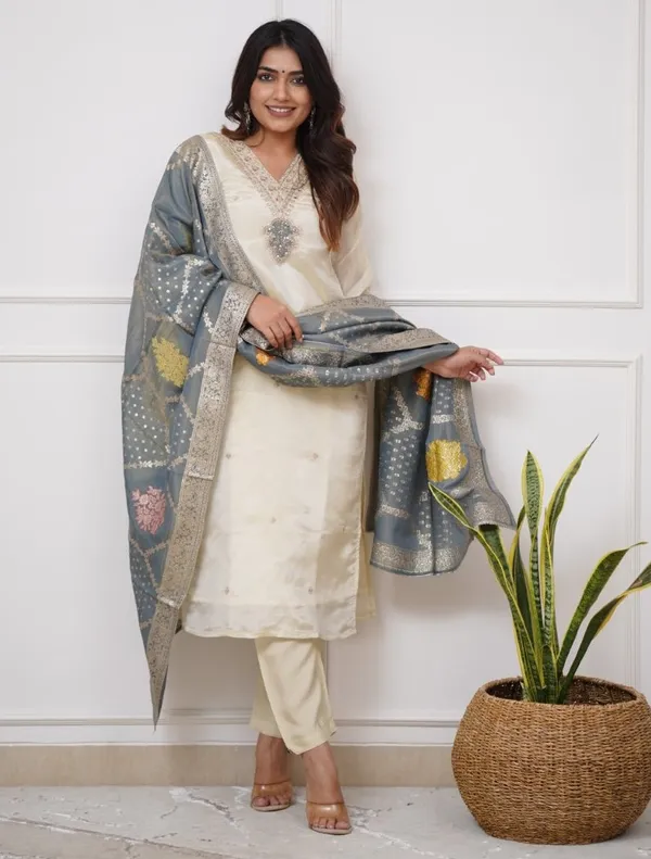 White_Chenderi_Silk_Premium_&_Elegant_Embroidered_Kurta_,_Pant_&_Dupatta_For_Women