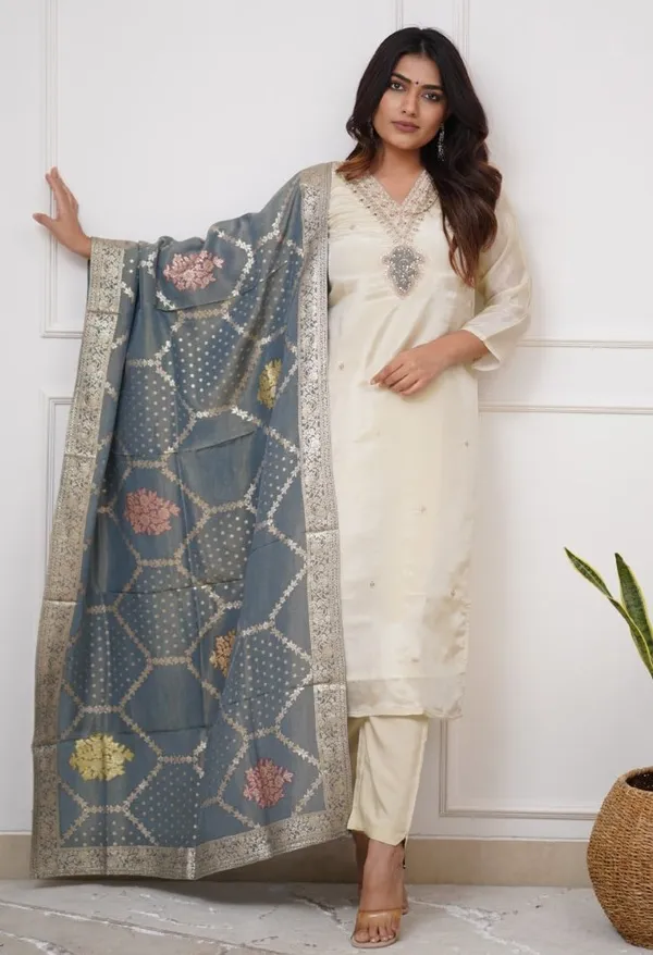 White_Chenderi_Silk_Premium_&_Elegant_Embroidered_Kurta_,_Pant_&_Dupatta_For_Women