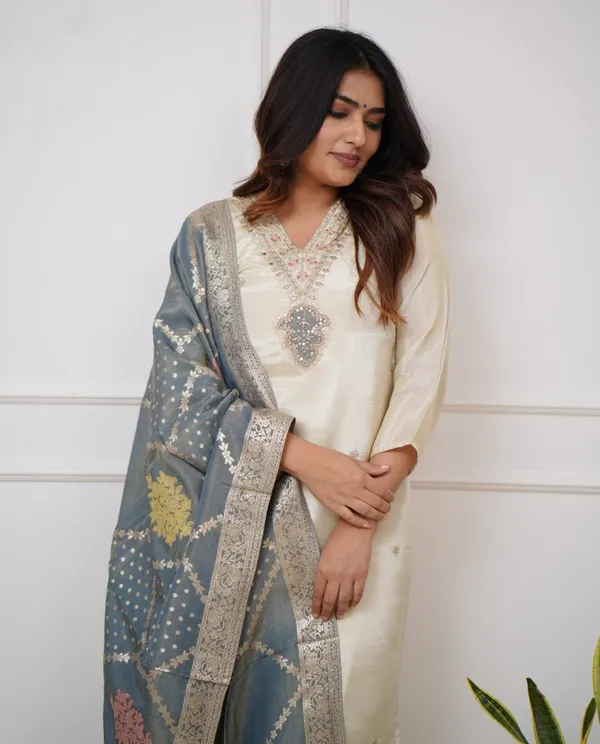White_Chenderi_Silk_Premium_&_Elegant_Embroidered_Kurta_,_Pant_&_Dupatta_For_Women