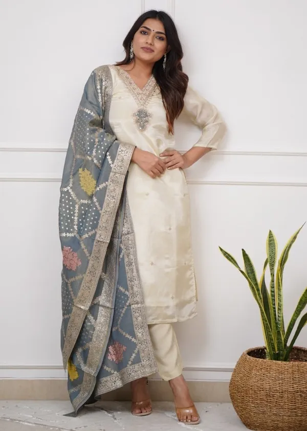 White_Chenderi_Silk_Premium_&_Elegant_Embroidered_Kurta_,_Pant_&_Dupatta_For_Women