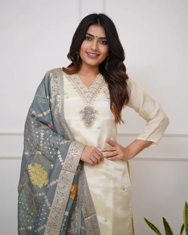 White_Chenderi_Silk_Premium_&_Elegant_Embroidered_Kurta_,_Pant_&_Dupatta_For_Women