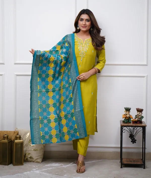 Yellow_Chenderi_Silk_Premium_&_Elegant_Embroidered_Kurta_,_Pant_&_Dupatta_For_Women