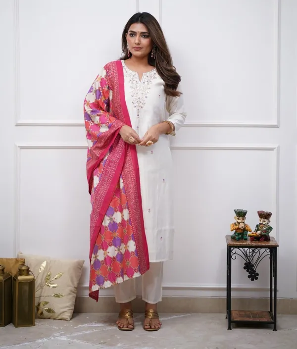 White_Chenderi_Silk_Premium_&_Elegant_Embroidered_Kurta_,_Pant_&_Dupatta_For_Women