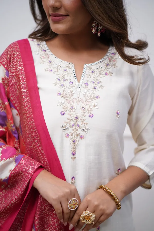 White_Chenderi_Silk_Premium_&_Elegant_Embroidered_Kurta_,_Pant_&_Dupatta_For_Women