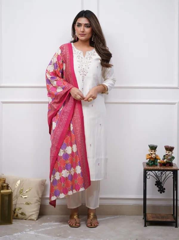 White_Chenderi_Silk_Premium_&_Elegant_Embroidered_Kurta_,_Pant_&_Dupatta_For_Women