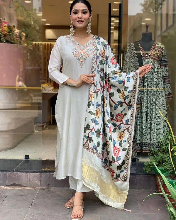 White_Cotton_Premium_&_Elegant_Embroidered_Kurta_,_Pant_&_Dupatta_For_Women
