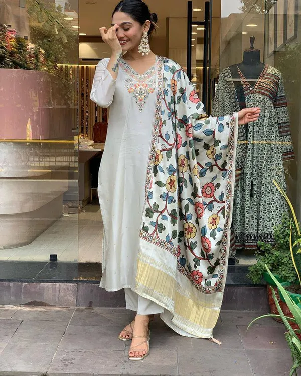 White_Cotton_Premium_&_Elegant_Embroidered_Kurta_,_Pant_&_Dupatta_For_Women