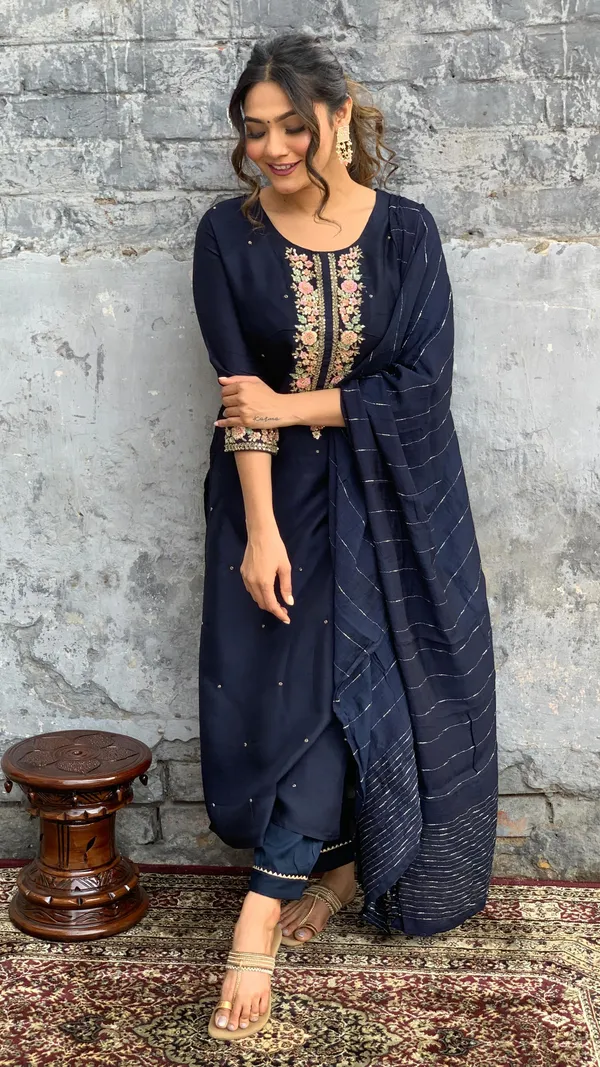 Royal_Blue_Chenderi_Silk_Premium_&_Elegant_Embroidered_Kurta_,_Pant_&_Dupatta_For_Women