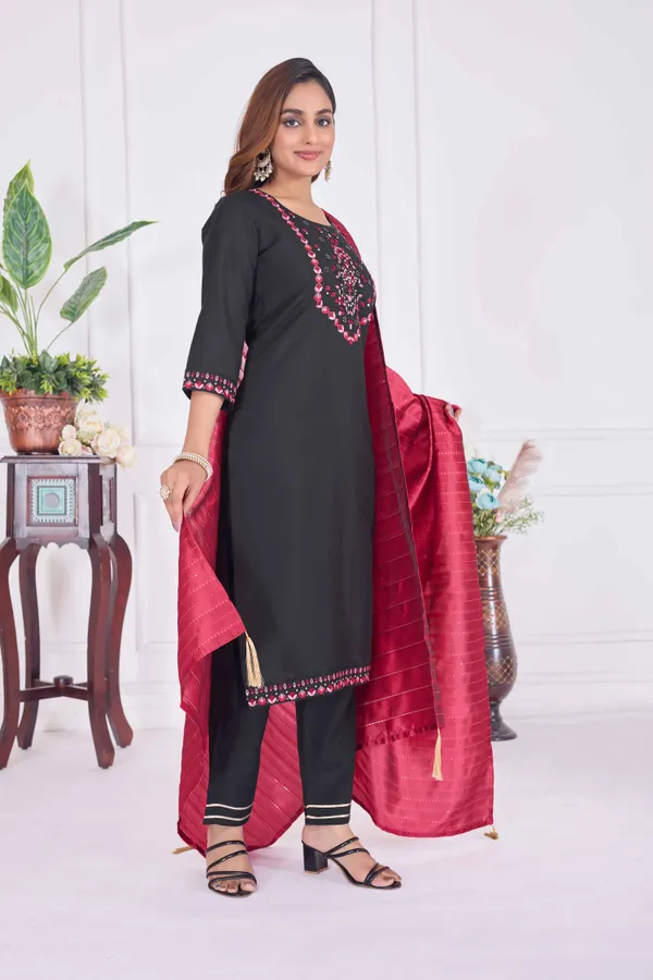 Black_&_Pink_Silk_Blend_Premium_&_Elegant_Embroidered_Calf_Length_Straight_Kurta_,_Pant_&_Dupatta_For_Women