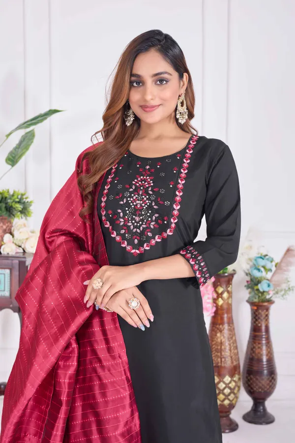 Black_&_Pink_Silk_Blend_Premium_&_Elegant_Embroidered_Calf_Length_Straight_Kurta_,_Pant_&_Dupatta_For_Women