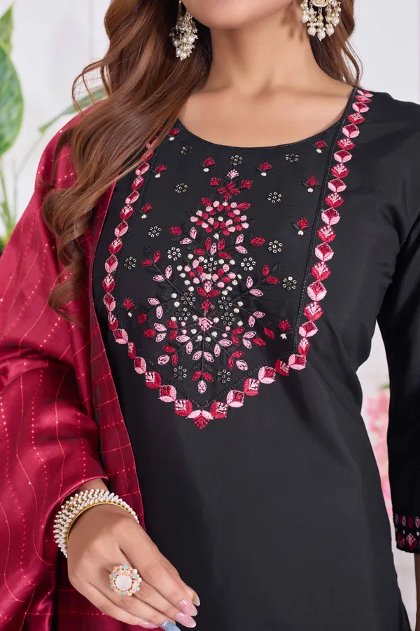Black_&_Pink_Silk_Blend_Premium_&_Elegant_Embroidered_Calf_Length_Straight_Kurta_,_Pant_&_Dupatta_For_Women