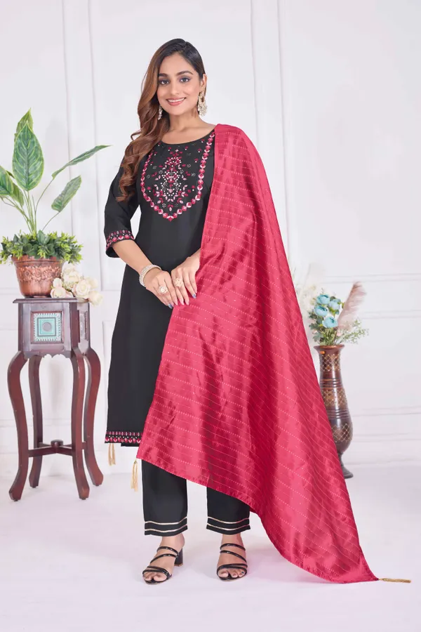 Black_&_Pink_Silk_Blend_Premium_&_Elegant_Embroidered_Calf_Length_Straight_Kurta_,_Pant_&_Dupatta_For_Women