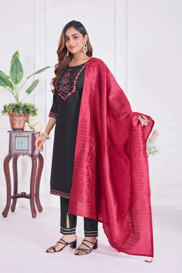Black_&_Pink_Silk_Blend_Premium_&_Elegant_Embroidered_Calf_Length_Straight_Kurta_,_Pant_&_Dupatta_For_Women