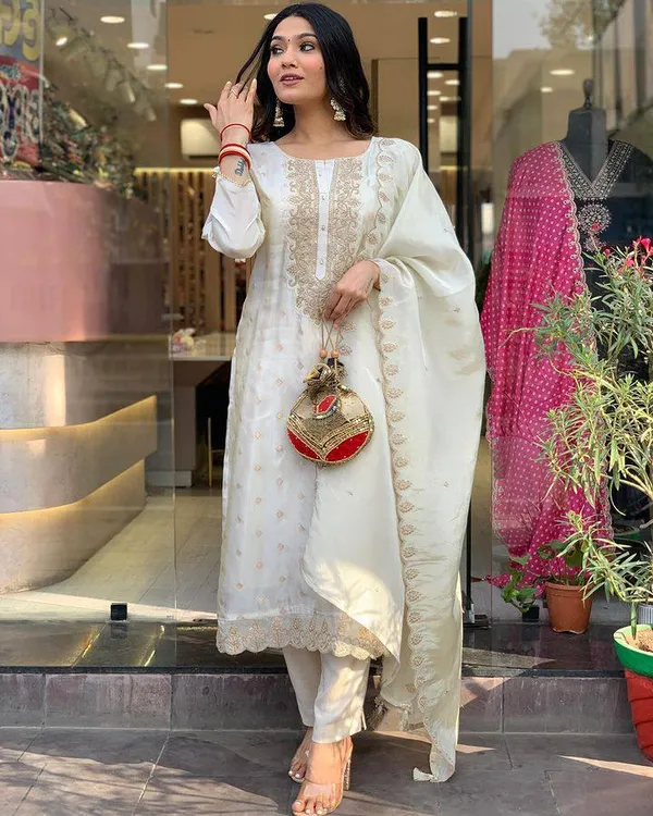 White_Cotton_Premium_&_Elegant_Embroidered_Kurta_,_Pant_&_Dupatta_For_Women