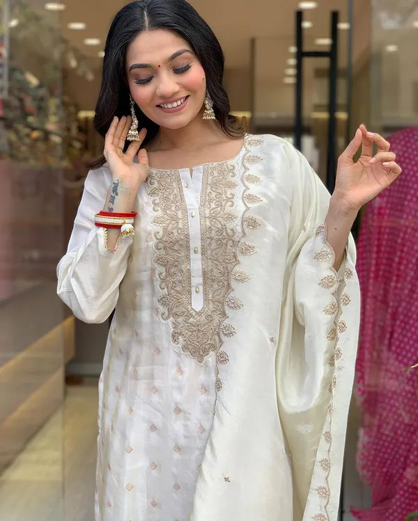 White_Cotton_Premium_&_Elegant_Embroidered_Kurta_,_Pant_&_Dupatta_For_Women