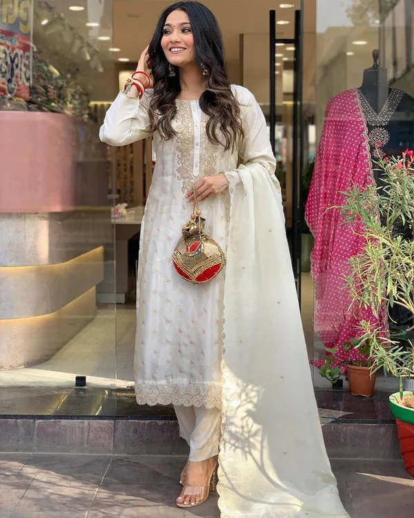 White_Cotton_Premium_&_Elegant_Embroidered_Kurta_,_Pant_&_Dupatta_For_Women
