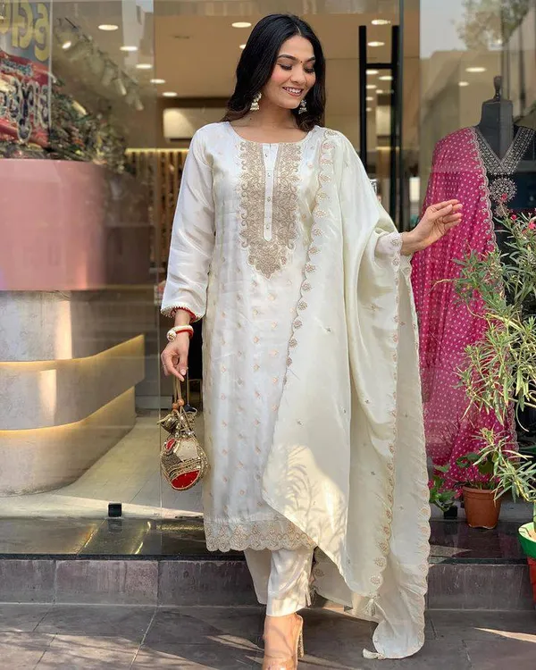 White_Cotton_Premium_&_Elegant_Embroidered_Kurta_,_Pant_&_Dupatta_For_Women