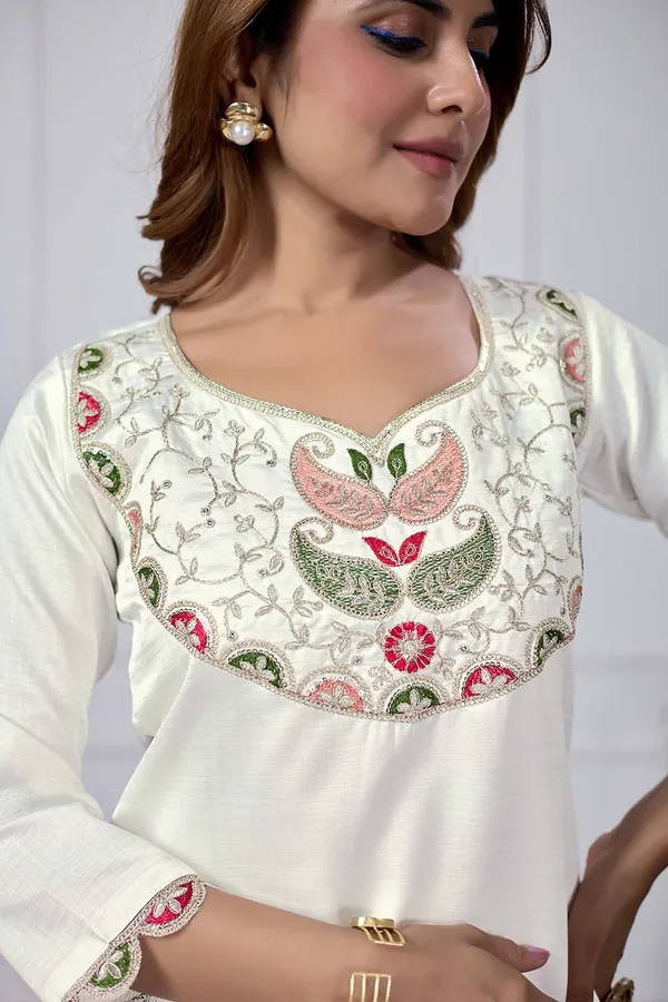 White_Silk_Blend_Premium_&_Elegant_Embroidered_Calf_Length_Straight_Kurta_,_Pant_&_Dupatta_For_Women