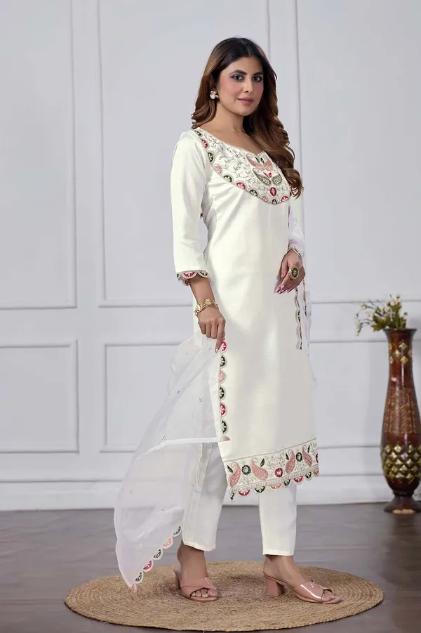 White_Silk_Blend_Premium_&_Elegant_Embroidered_Calf_Length_Straight_Kurta_,_Pant_&_Dupatta_For_Women